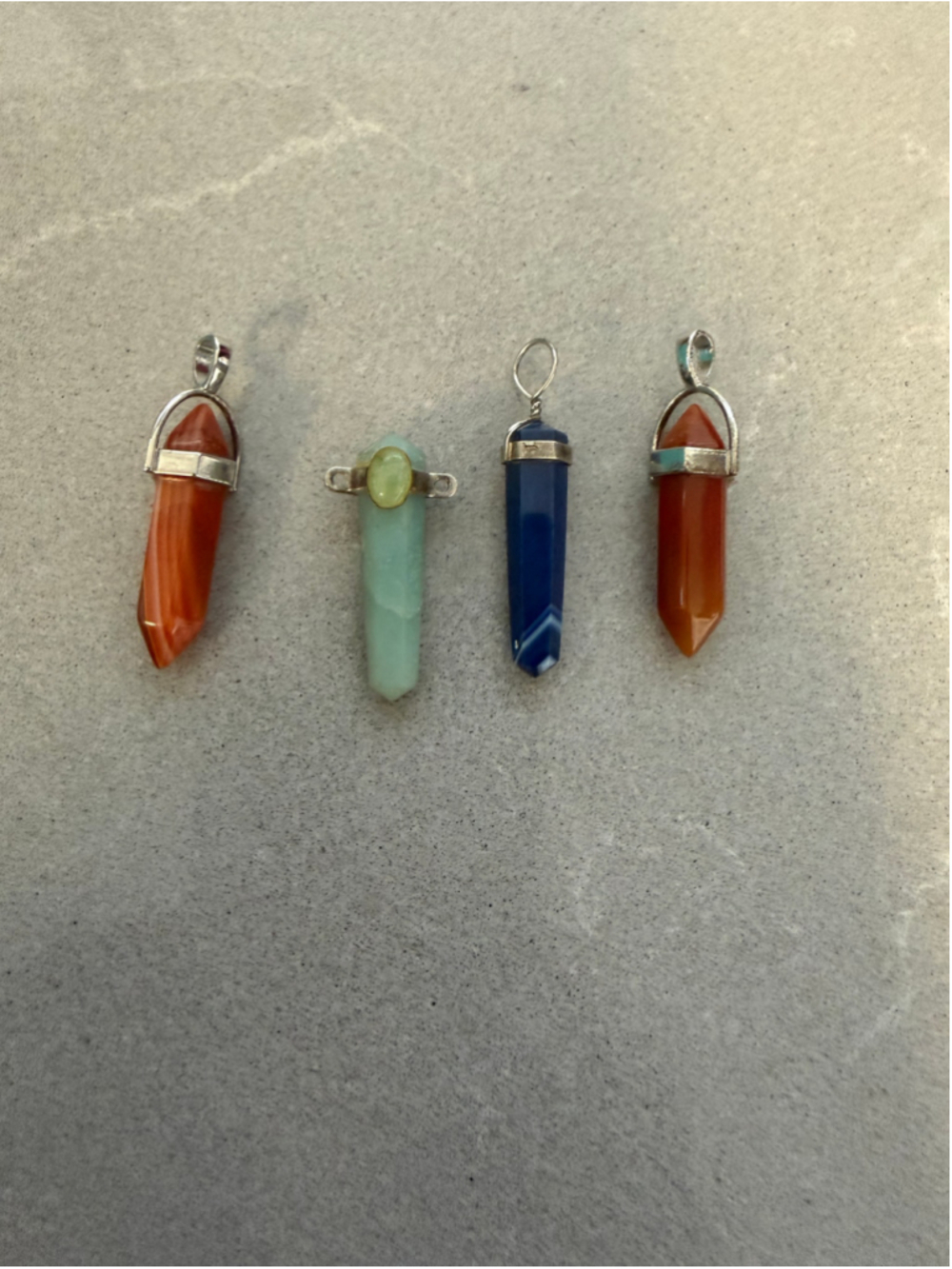 Lot 4 Gemstone Crystal Point Pendants Carnelian Agate Green Blue Silver Tone
